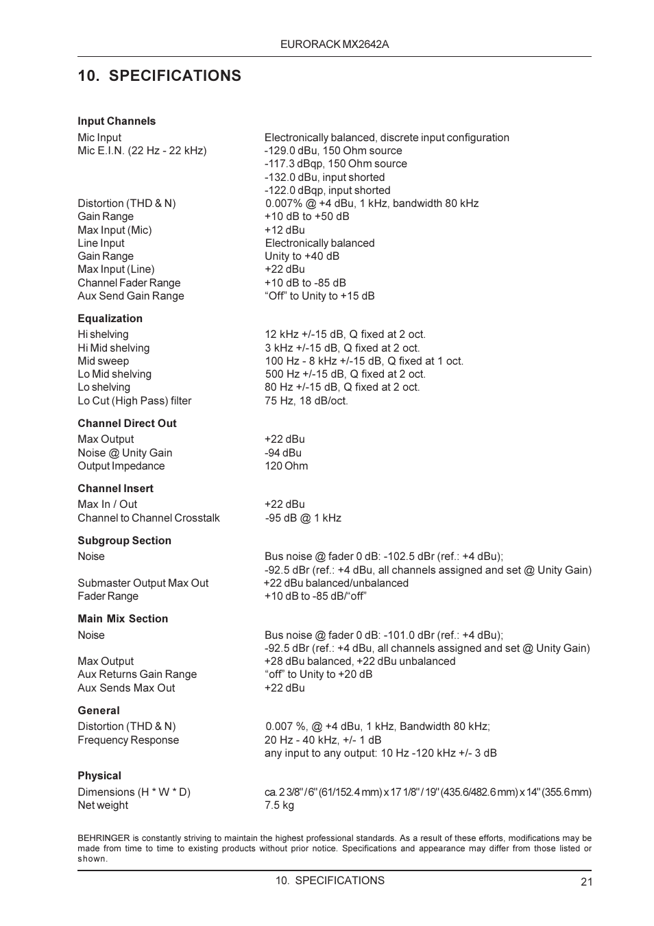 Specifications | Behringer MX2642A User Manual | Page 21 / 22