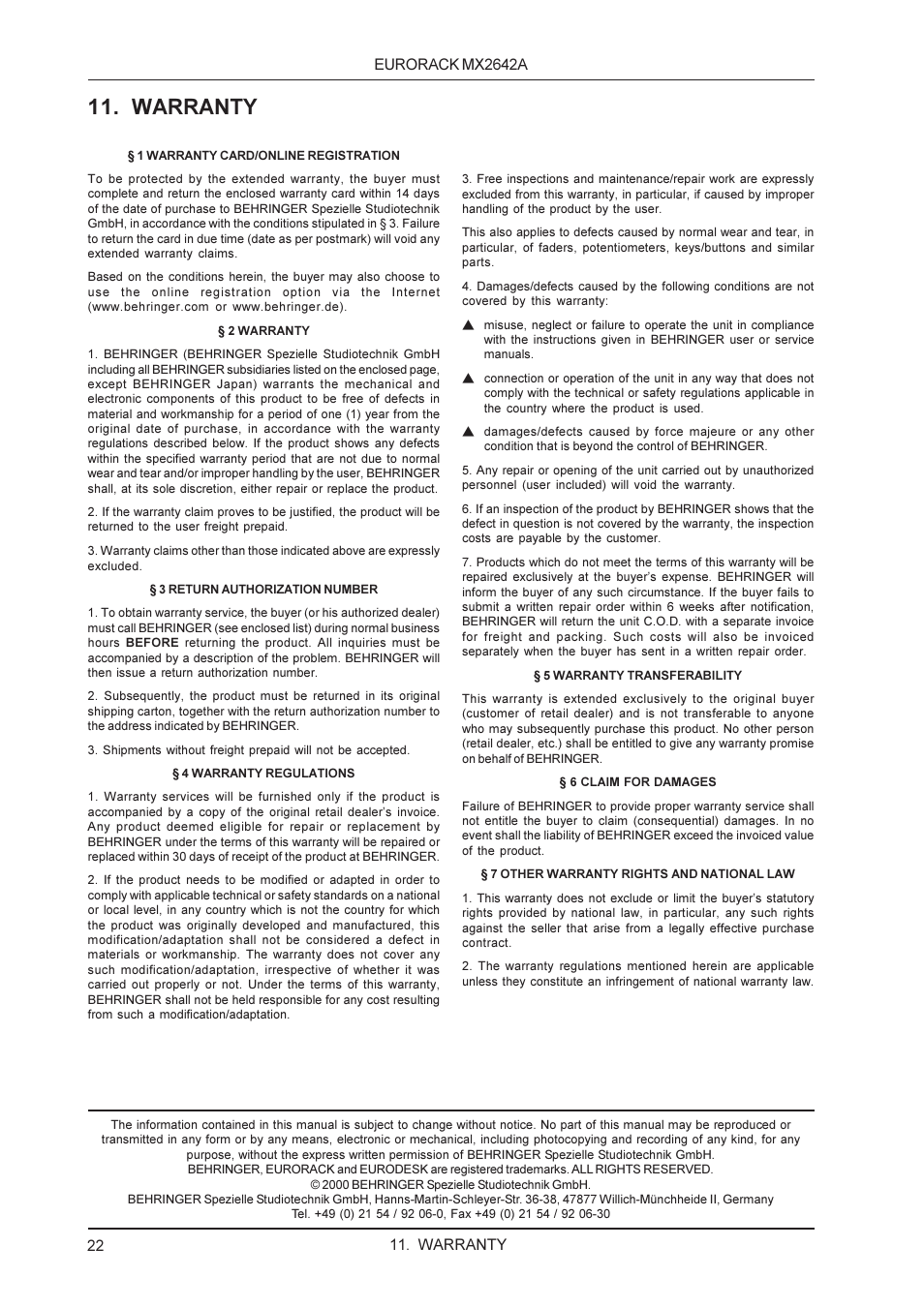 Warranty | Behringer MX2642A User Manual | Page 22 / 22