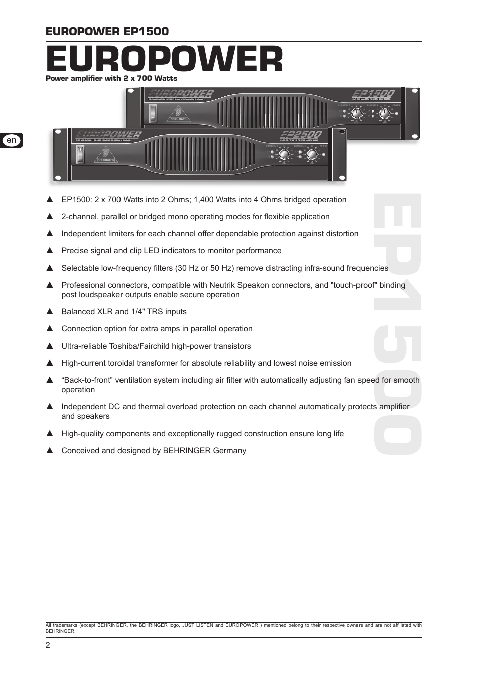 Ep1500, Europower, Europower ep1500 | Behringer Europower EP1500 User Manual | Page 2 / 4