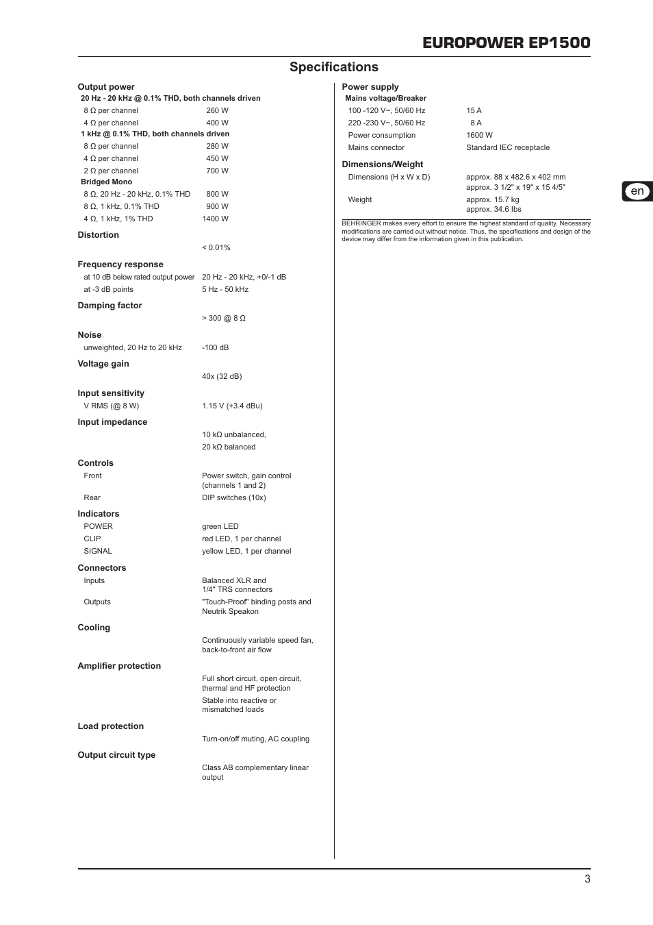 Europower ep1500, Specifications | Behringer Europower EP1500 User Manual | Page 3 / 4