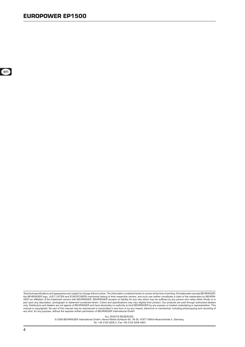 Europower ep1500 | Behringer Europower EP1500 User Manual | Page 4 / 4