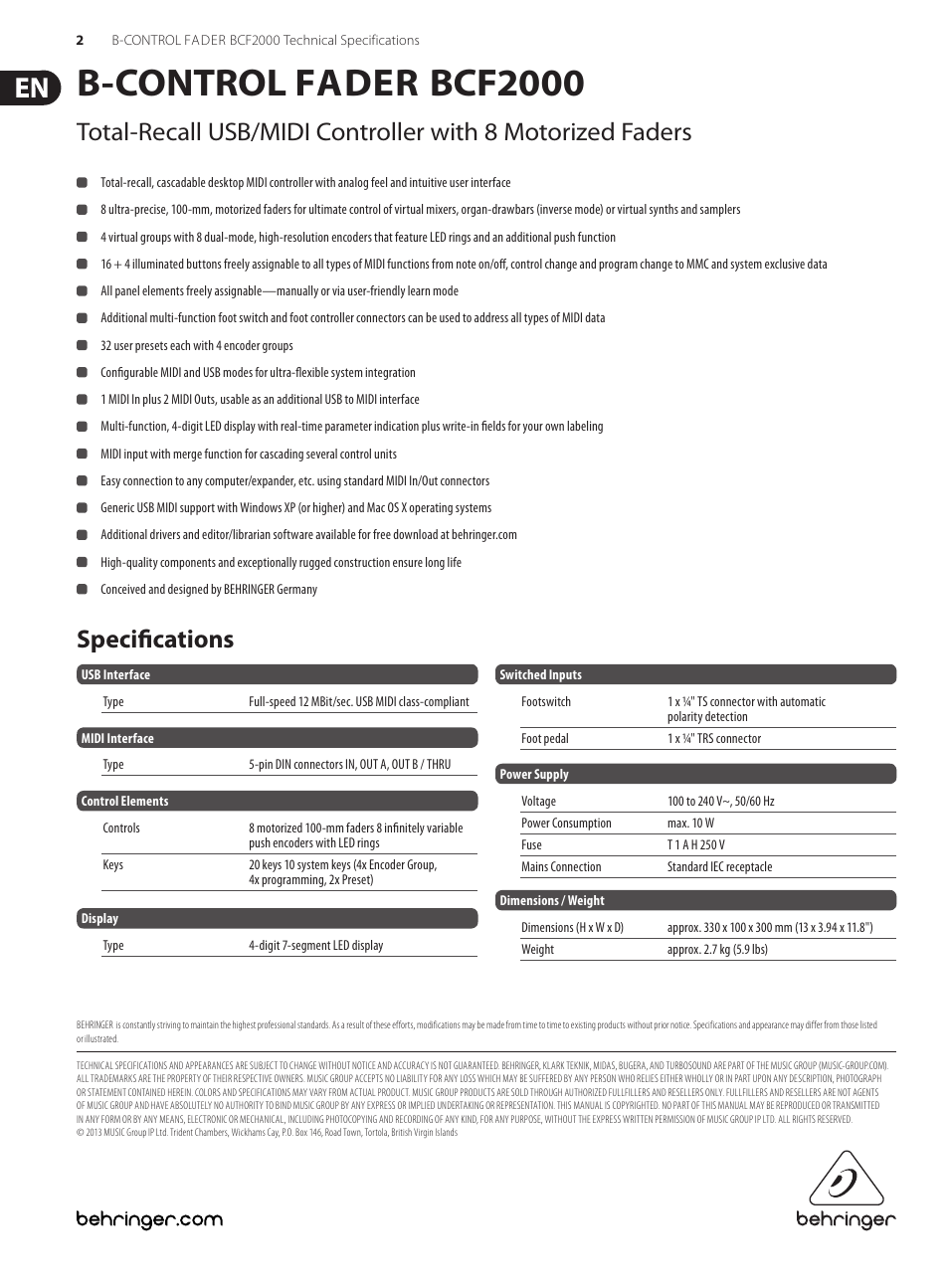 B-control fader bcf2000, Specifications | Behringer B-Control Fader BCF2000 User Manual | Page 2 / 2