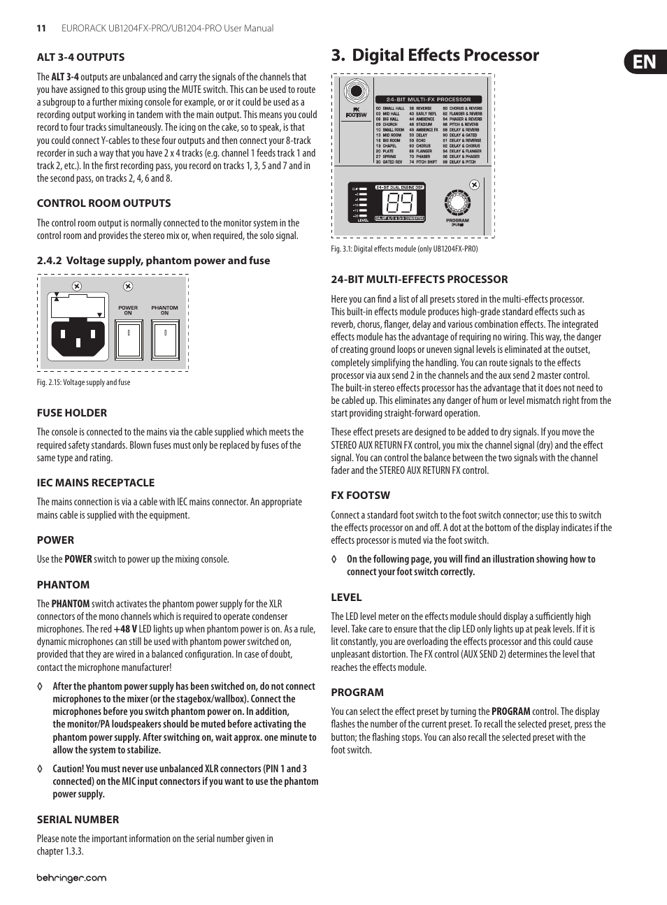 Digital effects processor | Behringer Ultra-Low Noise Design 12-Input 2/2-Bus Mixer with Premium Mic Preamplifiers UB1204-PRO User Manual | Page 11 / 16