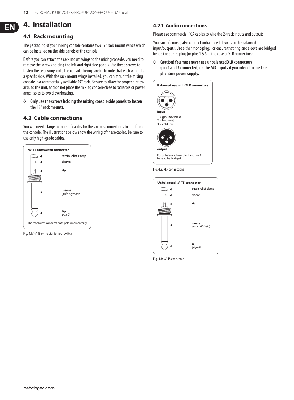 Installation, 1 rack mounting, 2 cable connections | 1 rack mounting 4.2 cable connections | Behringer Ultra-Low Noise Design 12-Input 2/2-Bus Mixer with Premium Mic Preamplifiers UB1204-PRO User Manual | Page 12 / 16