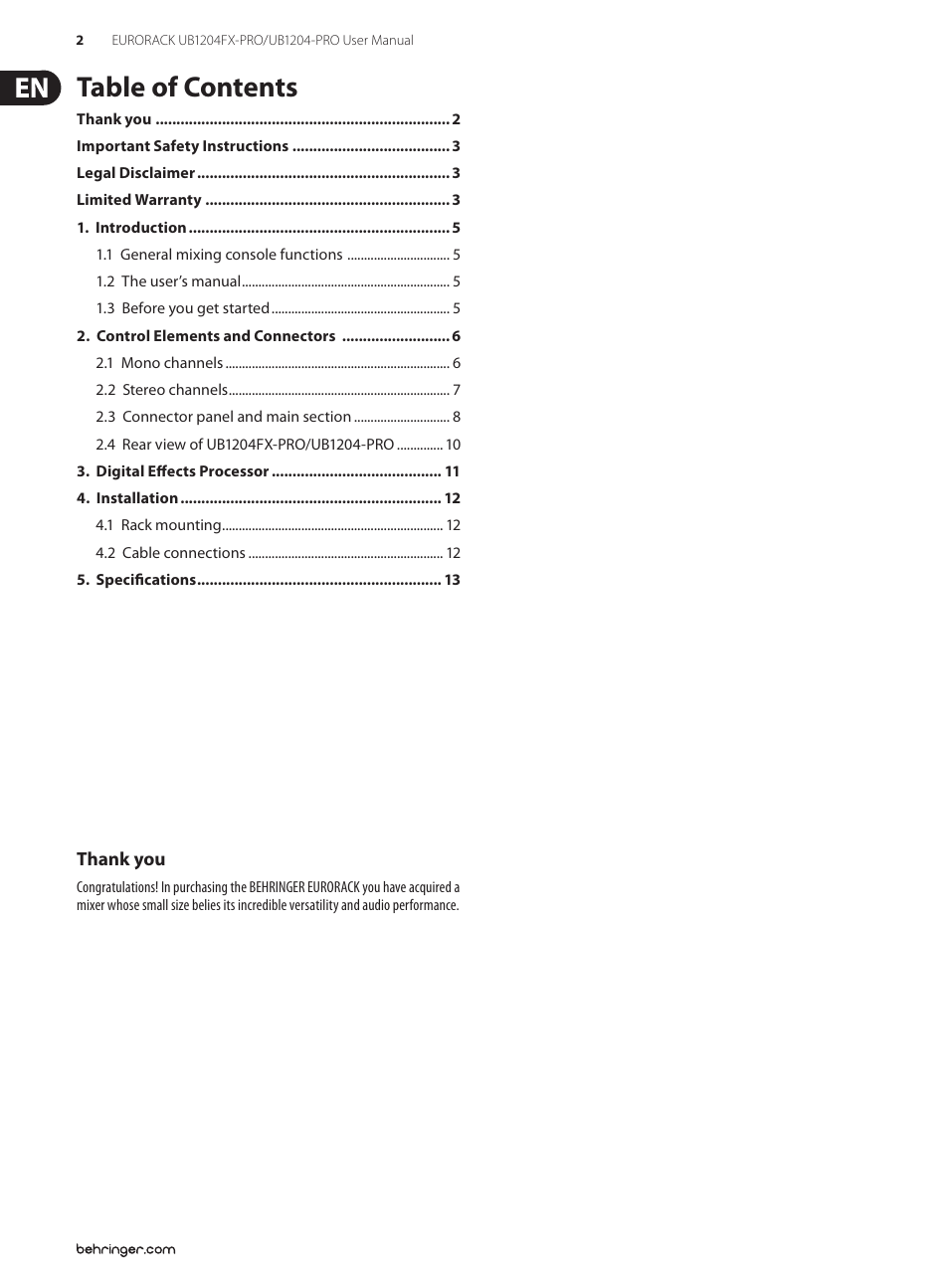 Behringer Ultra-Low Noise Design 12-Input 2/2-Bus Mixer with Premium Mic Preamplifiers UB1204-PRO User Manual | Page 2 / 16