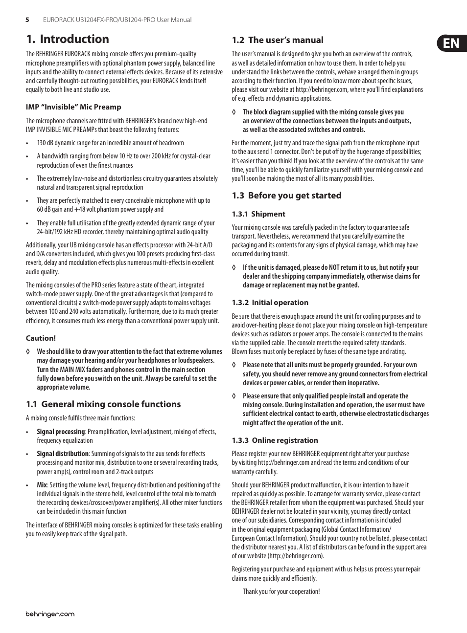 Introduction, 1 general mixing console functions, 2 the user’s manual | 3 before you get started | Behringer Ultra-Low Noise Design 12-Input 2/2-Bus Mixer with Premium Mic Preamplifiers UB1204-PRO User Manual | Page 5 / 16