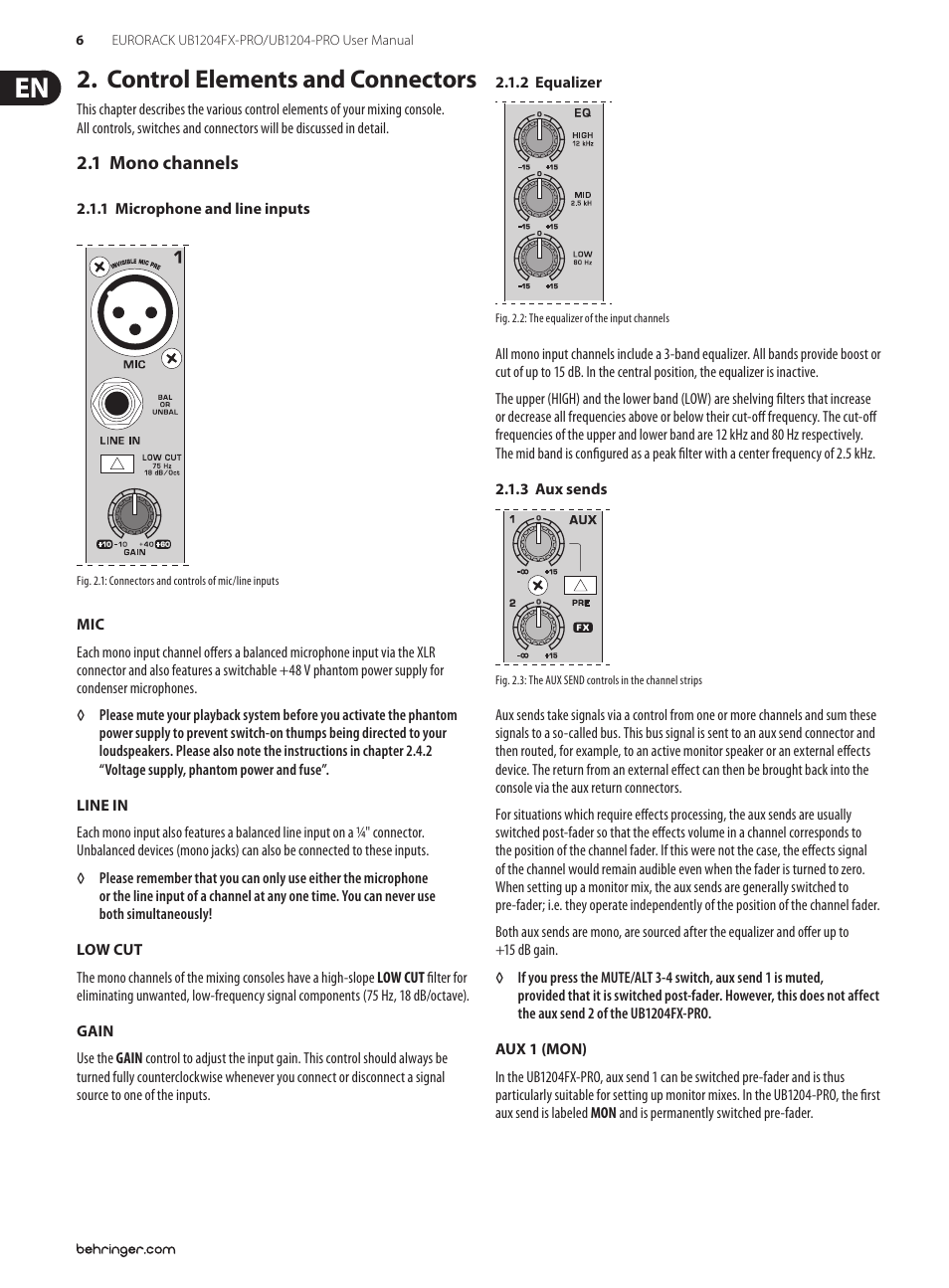 Control elements and connectors, 1 mono channels | Behringer Ultra-Low Noise Design 12-Input 2/2-Bus Mixer with Premium Mic Preamplifiers UB1204-PRO User Manual | Page 6 / 16