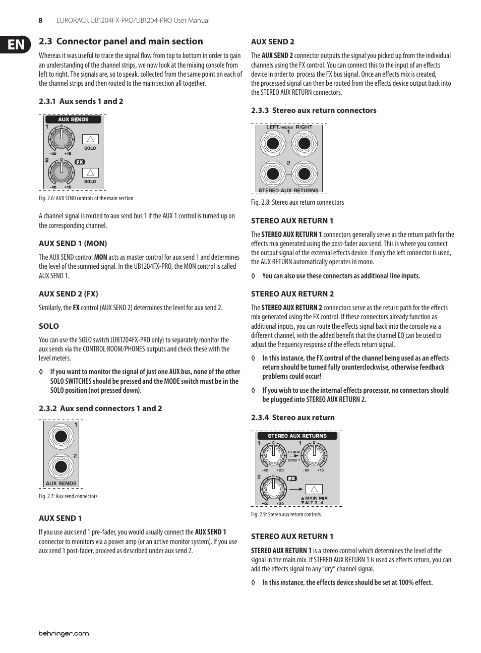 3 connector panel and main section | Behringer Ultra-Low Noise Design 12-Input 2/2-Bus Mixer with Premium Mic Preamplifiers UB1204-PRO User Manual | Page 8 / 16