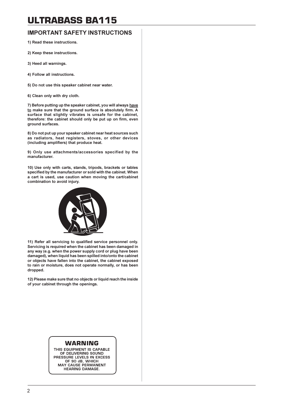 Ultrabass ba115, Important safety instructions | Behringer BA115 User Manual | Page 2 / 9