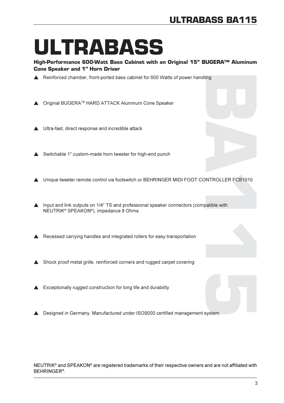 Ba115, Ultrabass, Ultrabass ba115 | Behringer BA115 User Manual | Page 3 / 9