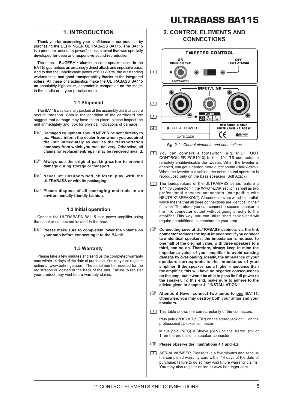 Ultrabass ba115, Control elements and connections, Introduction | Behringer BA115 User Manual | Page 5 / 9