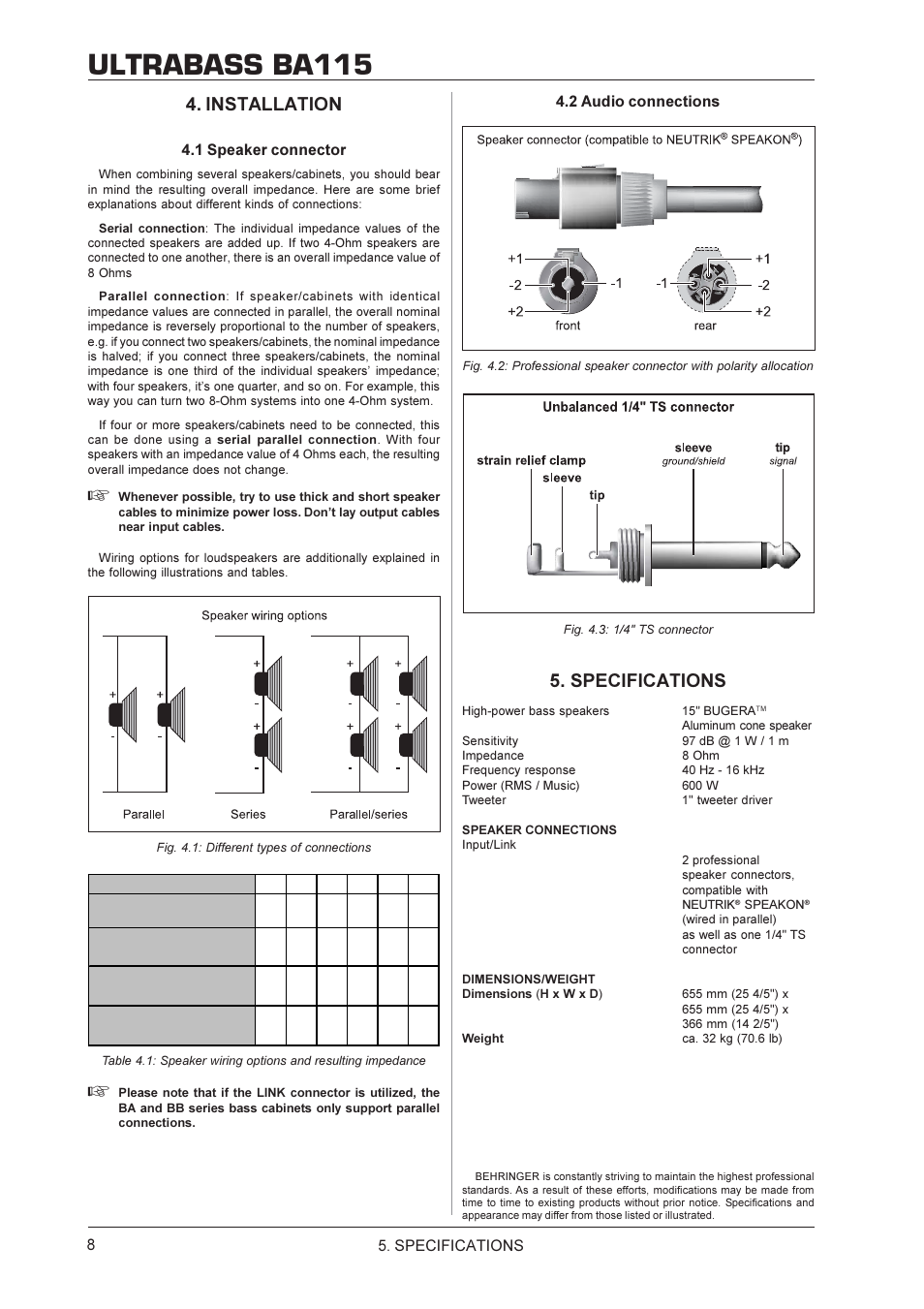 Ultrabass ba115, Installation, Specifications | 1 speaker connector, 2 audio connections | Behringer BA115 User Manual | Page 8 / 9