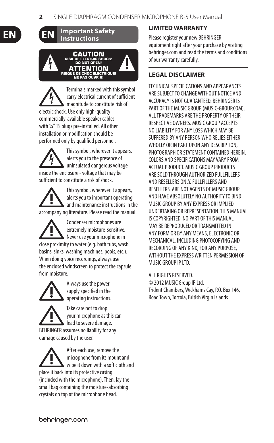 Behringer Single Diaphragm Condenser Microphone B-5 User Manual | Page 2 / 8