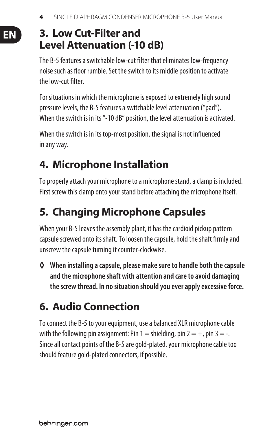 Low cut-filter and level attenuation (-10 db), Microphone installation, Changing microphone capsules | Audio connection | Behringer Single Diaphragm Condenser Microphone B-5 User Manual | Page 4 / 8