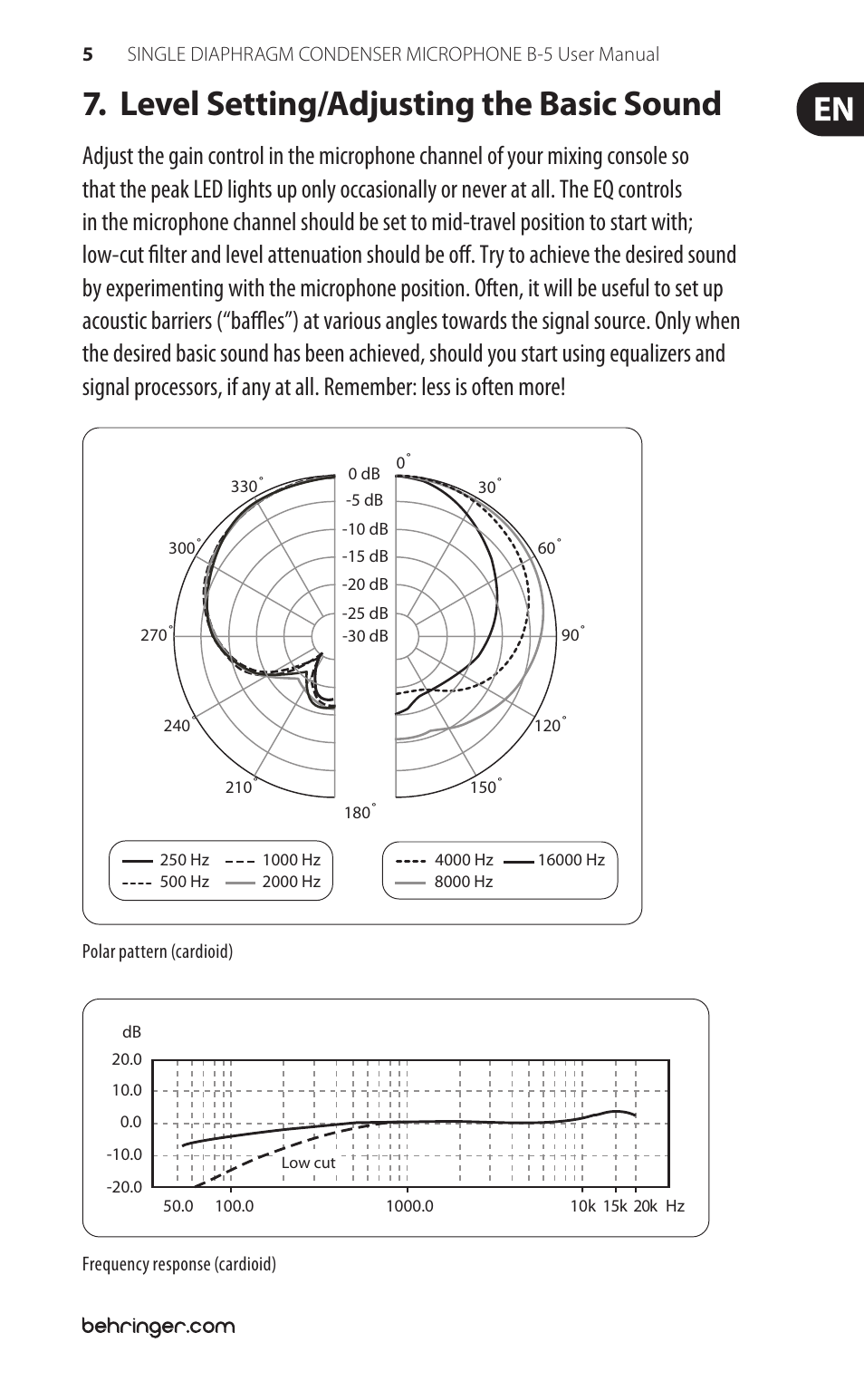 Level setting/adjusting the basic sound | Behringer Single Diaphragm Condenser Microphone B-5 User Manual | Page 5 / 8