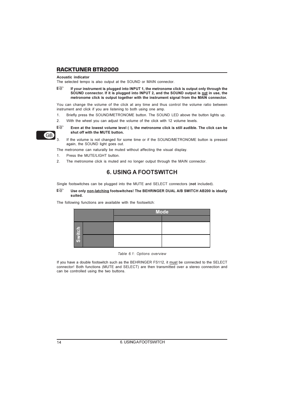 Racktuner btr2000, Using a footswitch | Behringer Racktuner BTR2000 User Manual | Page 14 / 19