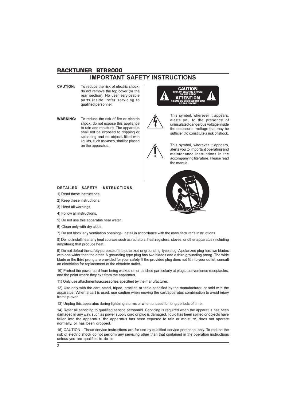 Racktuner btr2000, Important safety instructions | Behringer Racktuner BTR2000 User Manual | Page 2 / 19