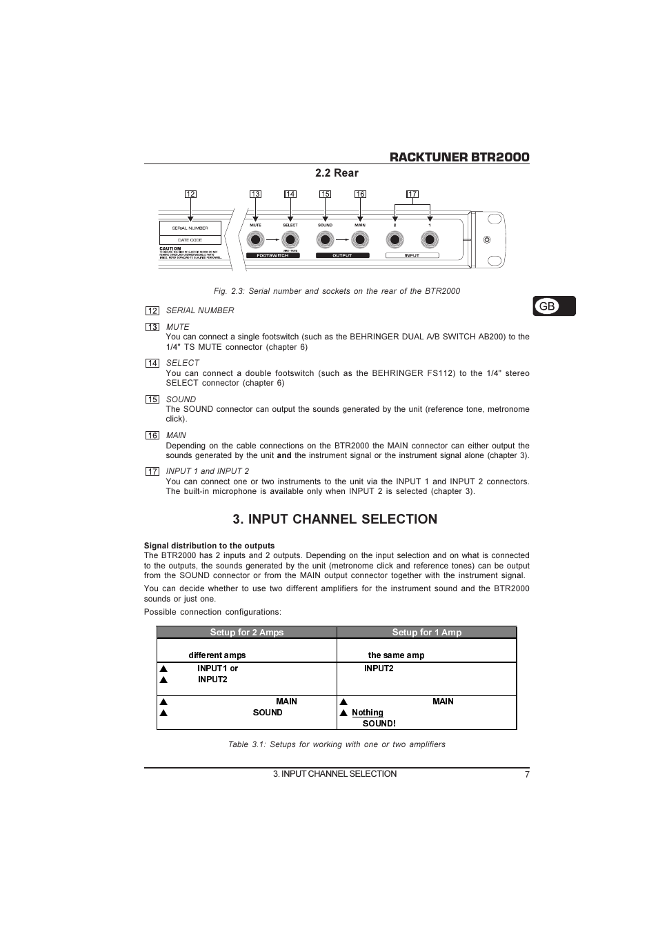 Racktuner btr2000, Input channel selection, Deutsch 2.2 rear | Behringer Racktuner BTR2000 User Manual | Page 7 / 19