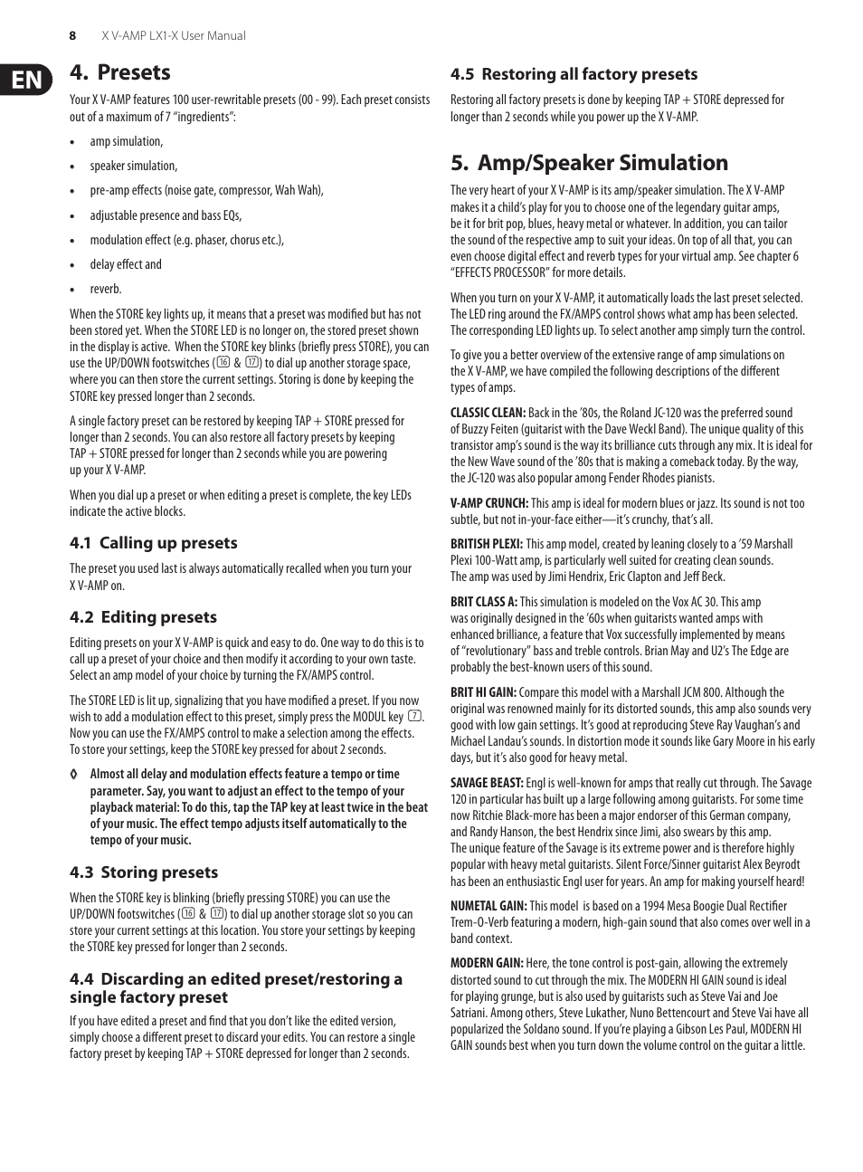 Presets, 1 calling up presets, 2 editing presets | 3 storing presets, 5 restoring all factory presets, Amp/speaker simulation | Behringer Ultra-Flexible Modeling Amp/Multi-Effects Processor with Integrated Expression Pedal X V-AMP LX1-X User Manual | Page 8 / 14