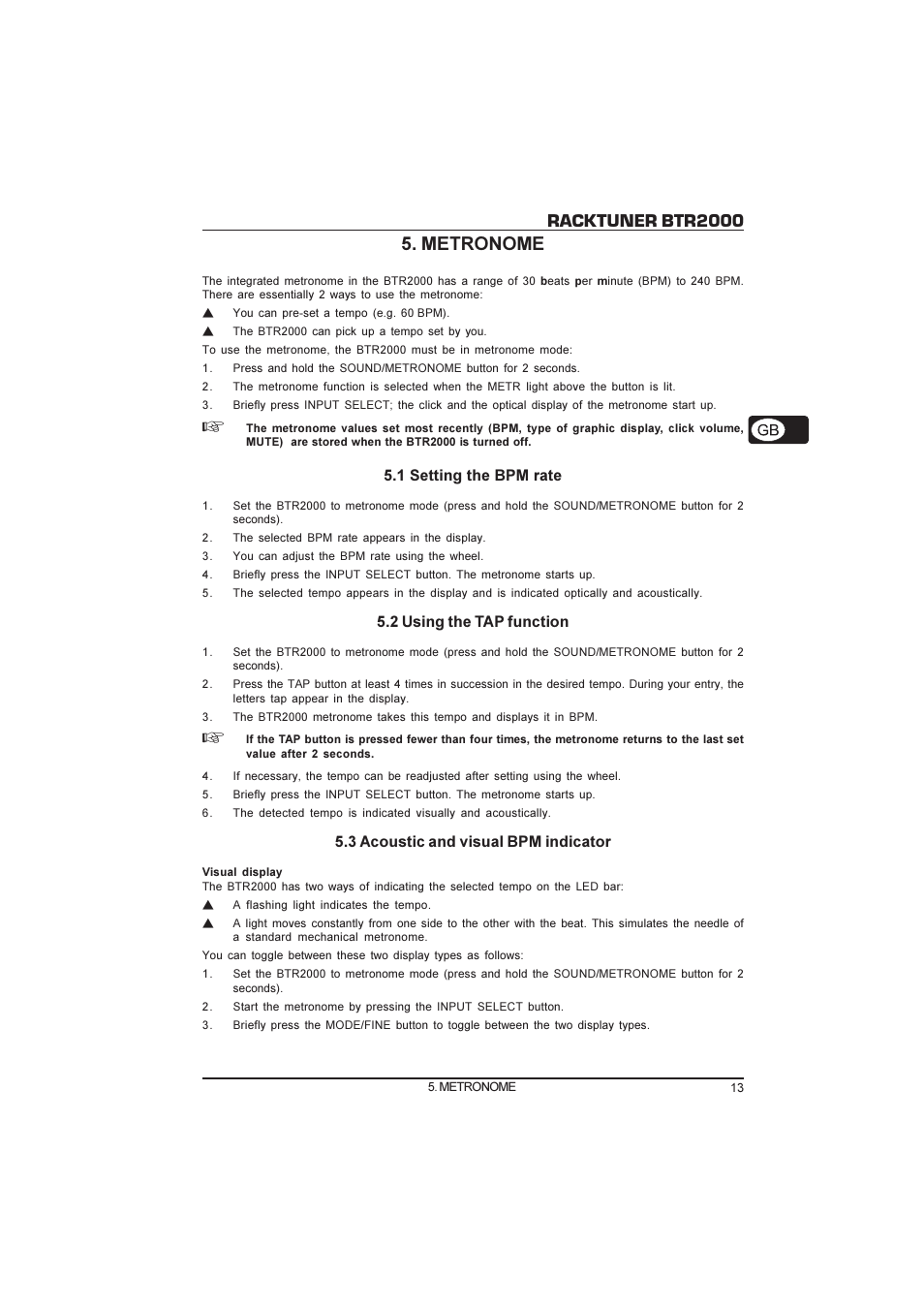 Racktuner btr2000, Metronome | Behringer BTR2000 User Manual | Page 13 / 18