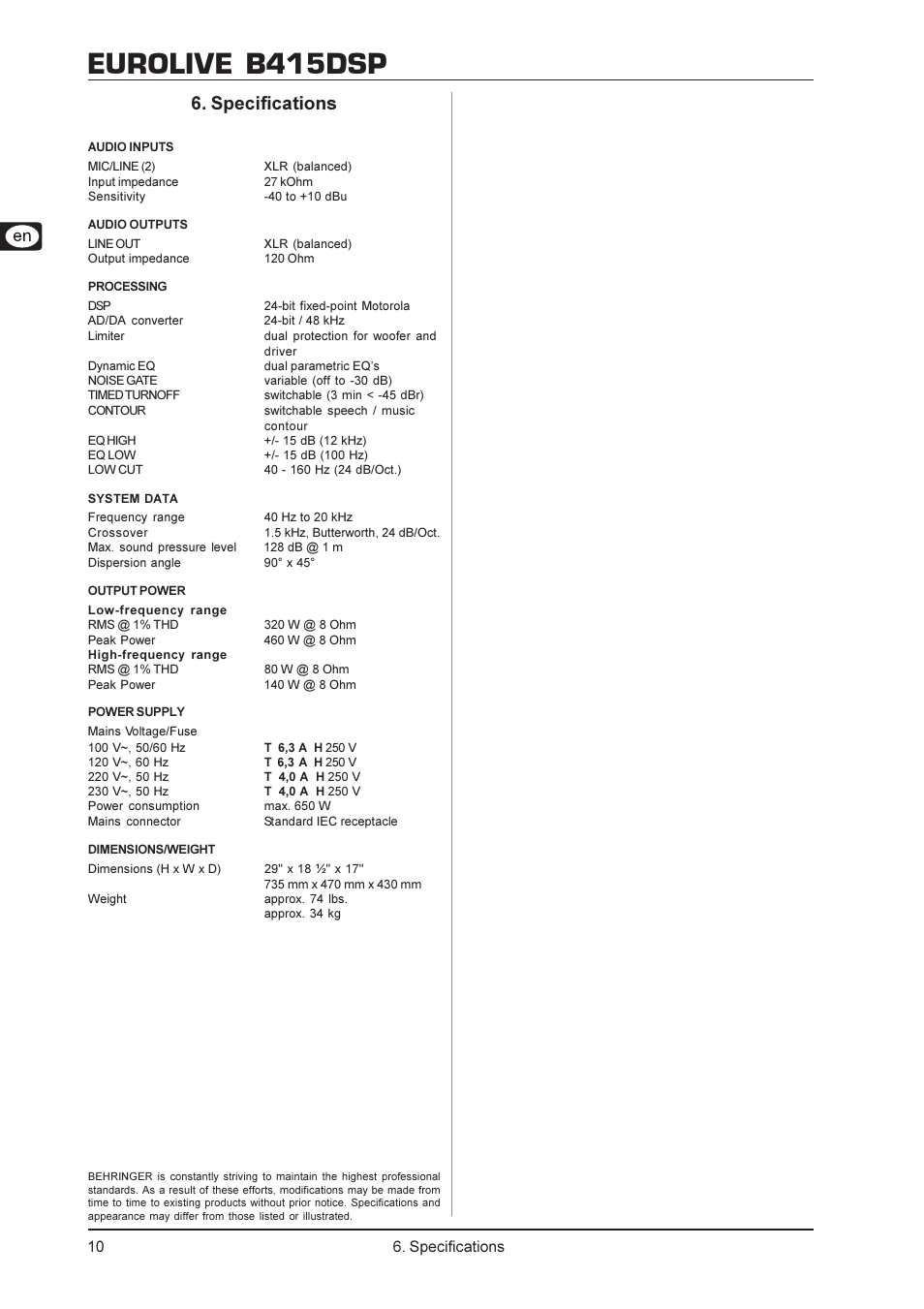 Eurolive b415dsp, Specifications | Behringer Digital Processor-Controlled 600-Watt 15" PA Speaker System with Integrated Mixer B415DSP User Manual | Page 10 / 12