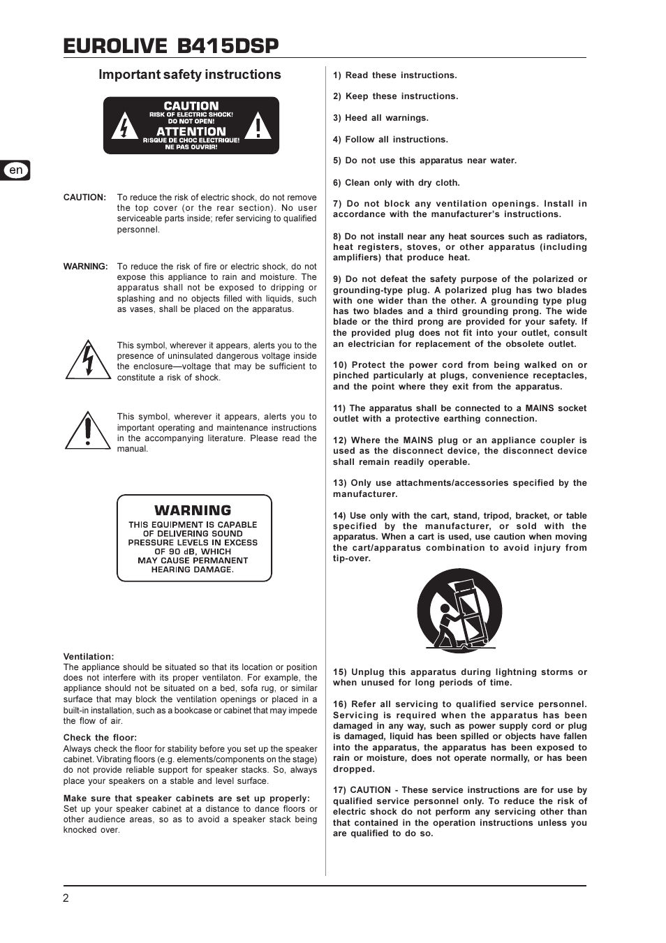 Eurolive b415dsp, Important safety instructions | Behringer Digital Processor-Controlled 600-Watt 15" PA Speaker System with Integrated Mixer B415DSP User Manual | Page 2 / 12