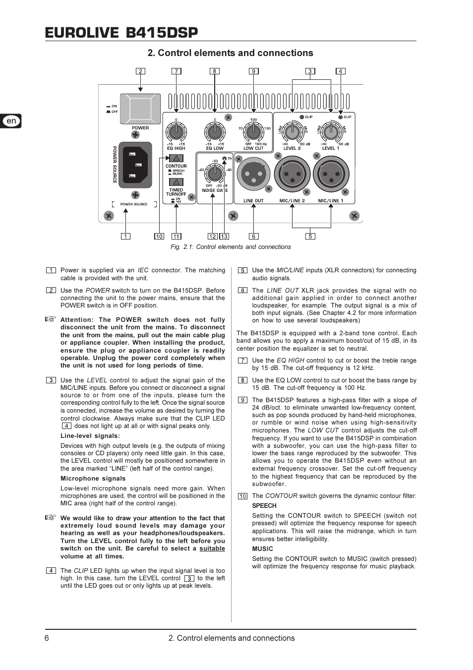 Eurolive b415dsp, Control elements and connections | Behringer Digital Processor-Controlled 600-Watt 15" PA Speaker System with Integrated Mixer B415DSP User Manual | Page 6 / 12