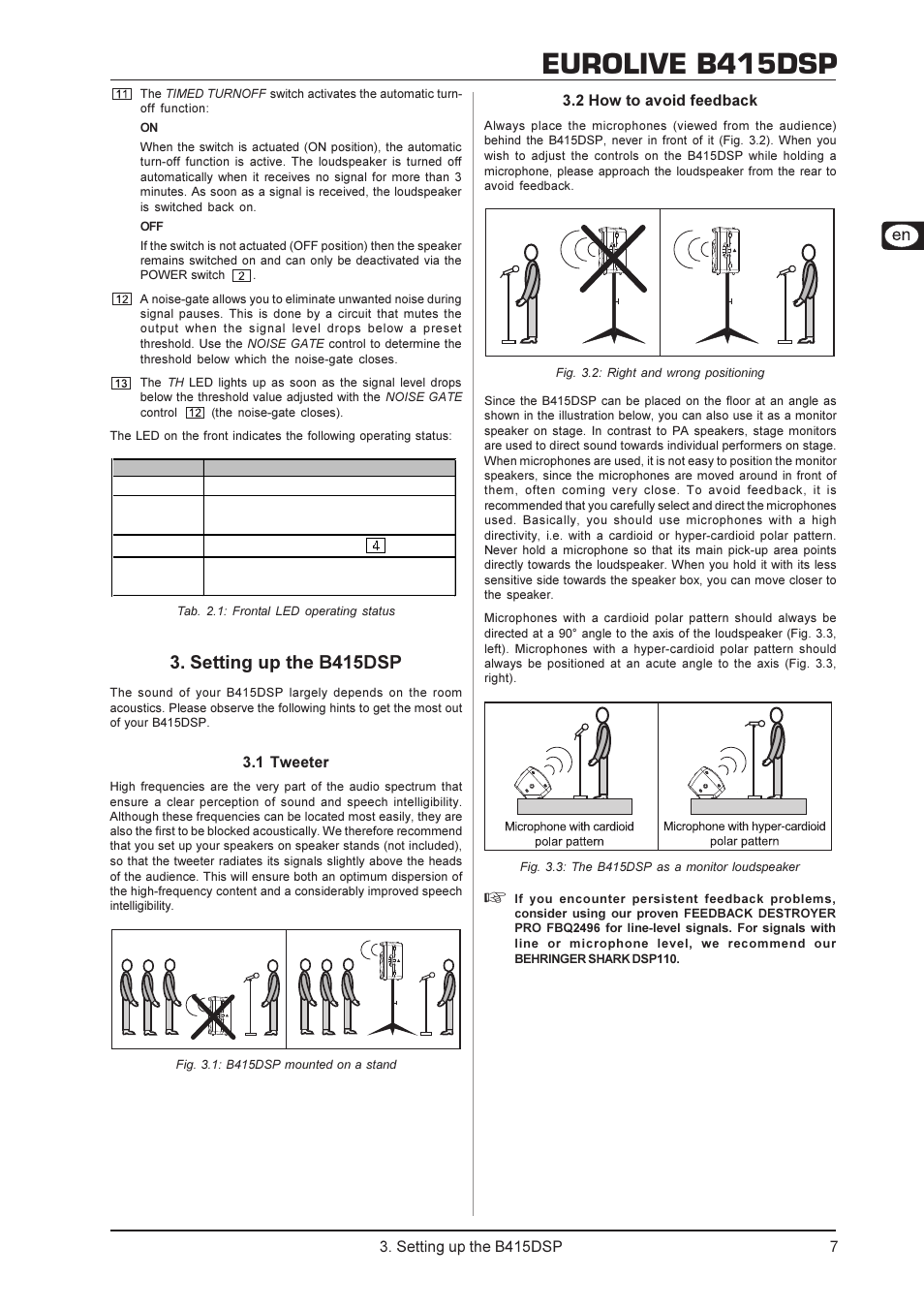 Eurolive b415dsp, Setting up the b415dsp | Behringer Digital Processor-Controlled 600-Watt 15" PA Speaker System with Integrated Mixer B415DSP User Manual | Page 7 / 12