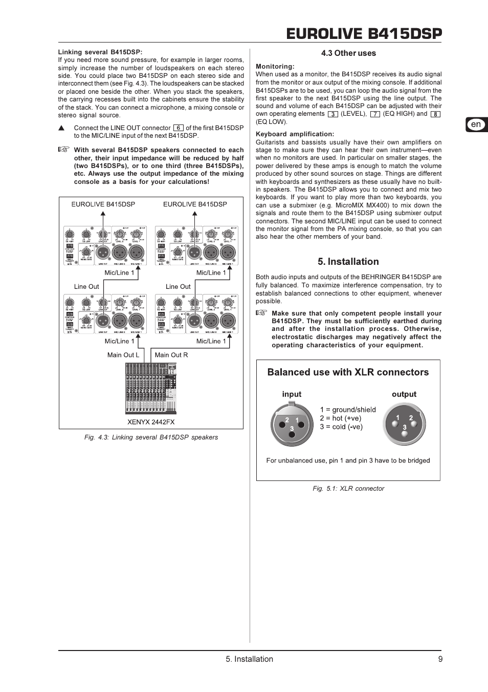 Eurolive b415dsp, Installation | Behringer Digital Processor-Controlled 600-Watt 15" PA Speaker System with Integrated Mixer B415DSP User Manual | Page 9 / 12