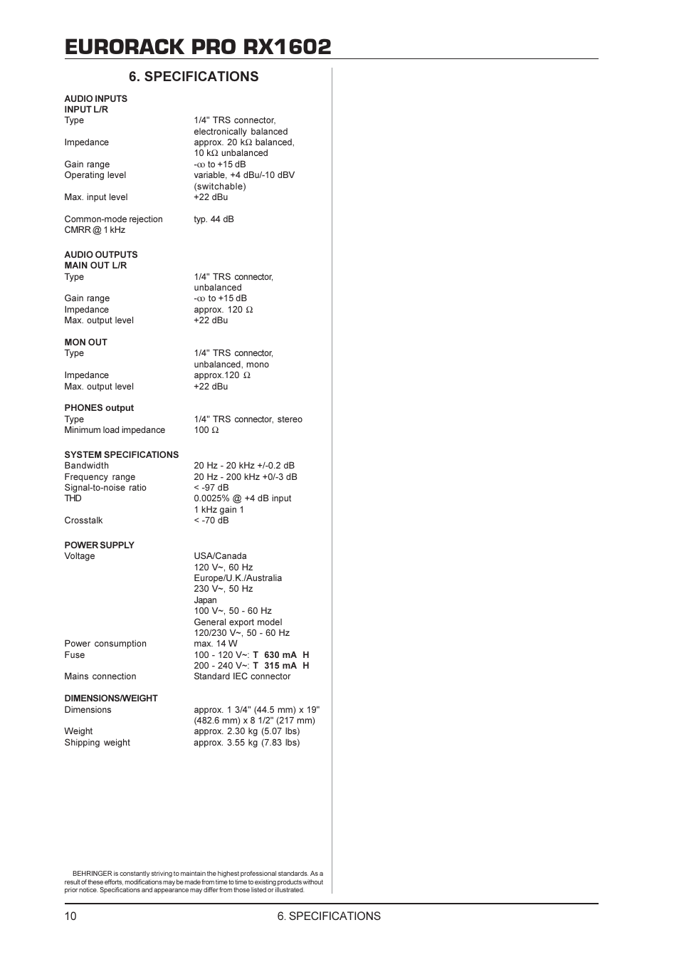 Eurorack pro rx1602, Specifications | Behringer RX1602 User Manual | Page 10 / 11