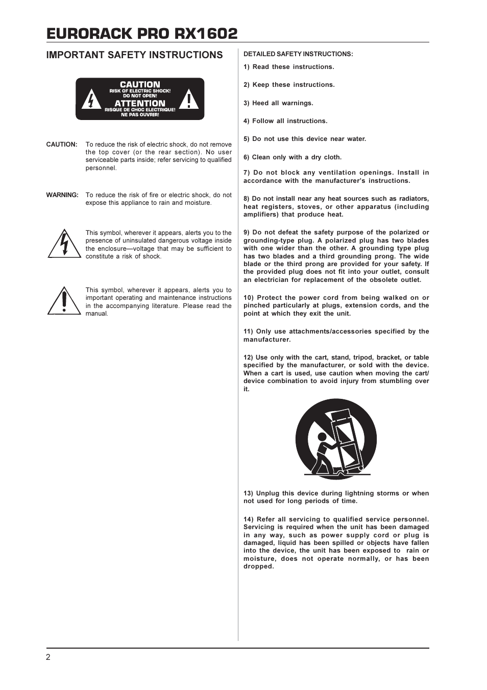 Eurorack pro rx1602, Important safety instructions | Behringer RX1602 User Manual | Page 2 / 11