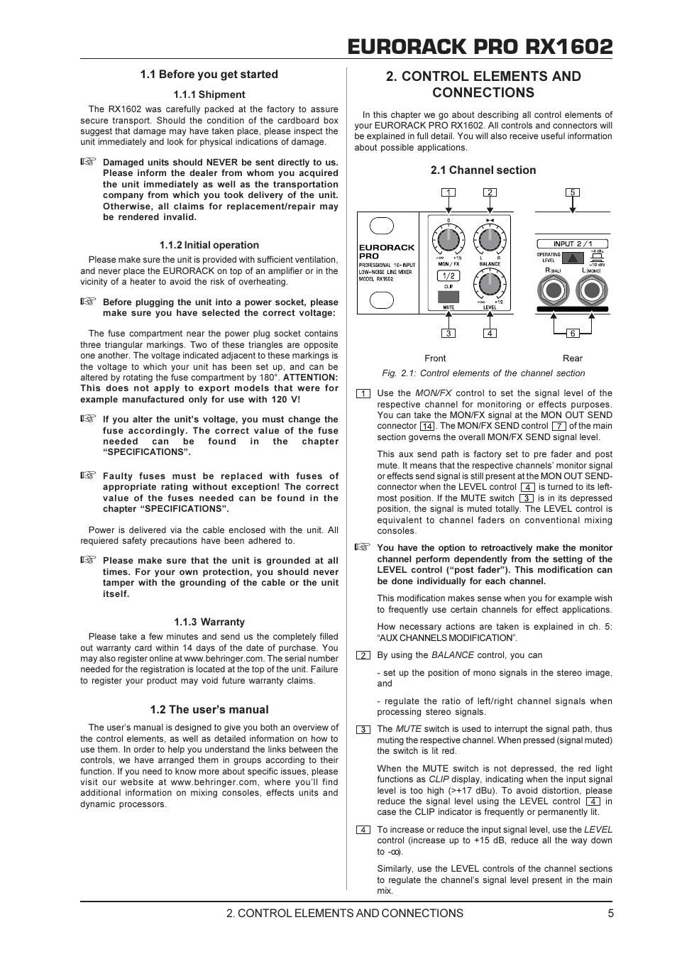 Eurorack pro rx1602, Control elements and connections | Behringer RX1602 User Manual | Page 5 / 11