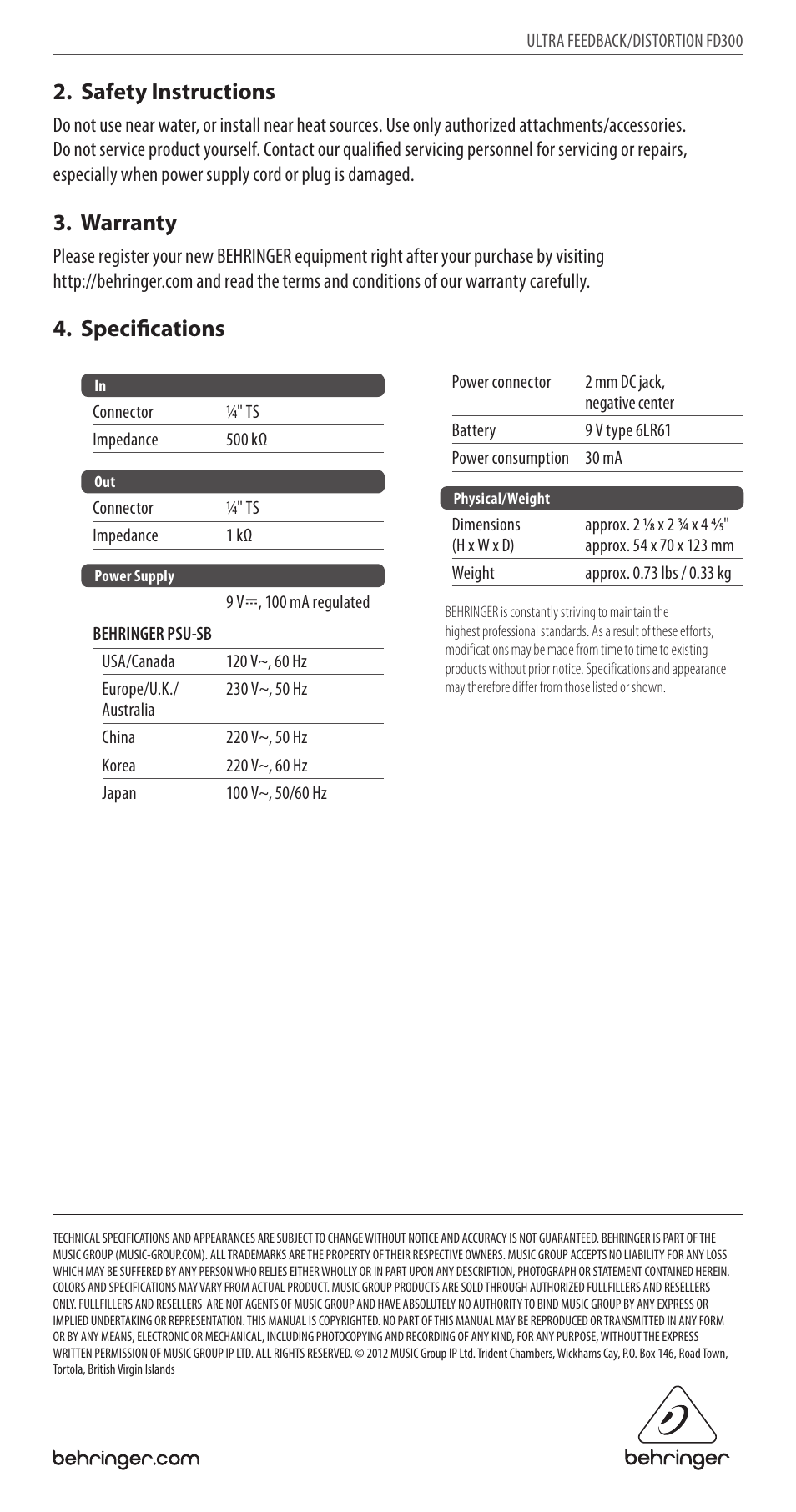 Safety instructions, Warranty, Specifications | Behringer Ultra Feedback/Distortion FD300 User Manual | Page 2 / 2