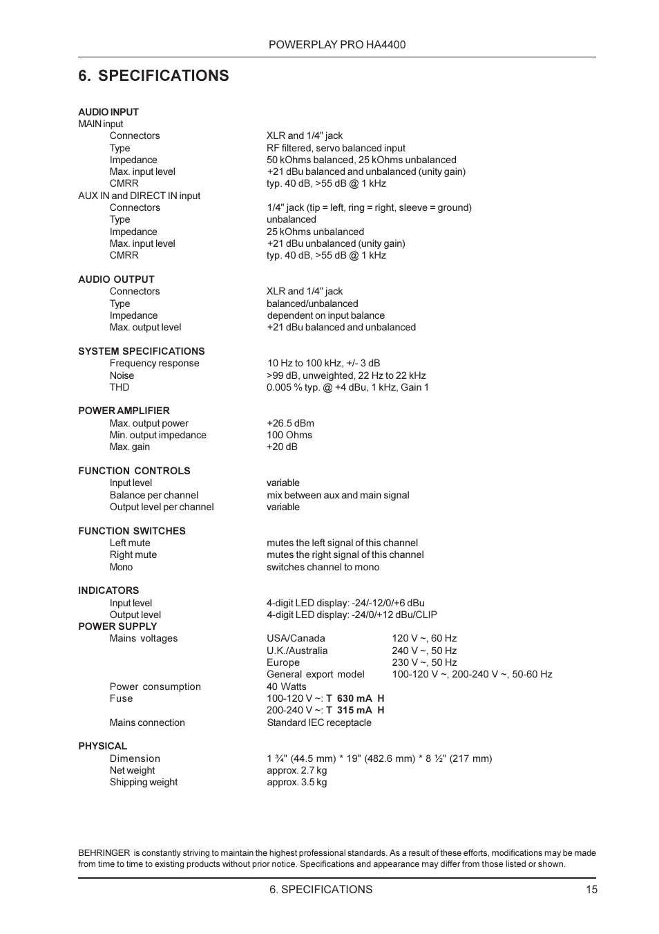 Specifications | Behringer HA4400 User Manual | Page 15 / 16