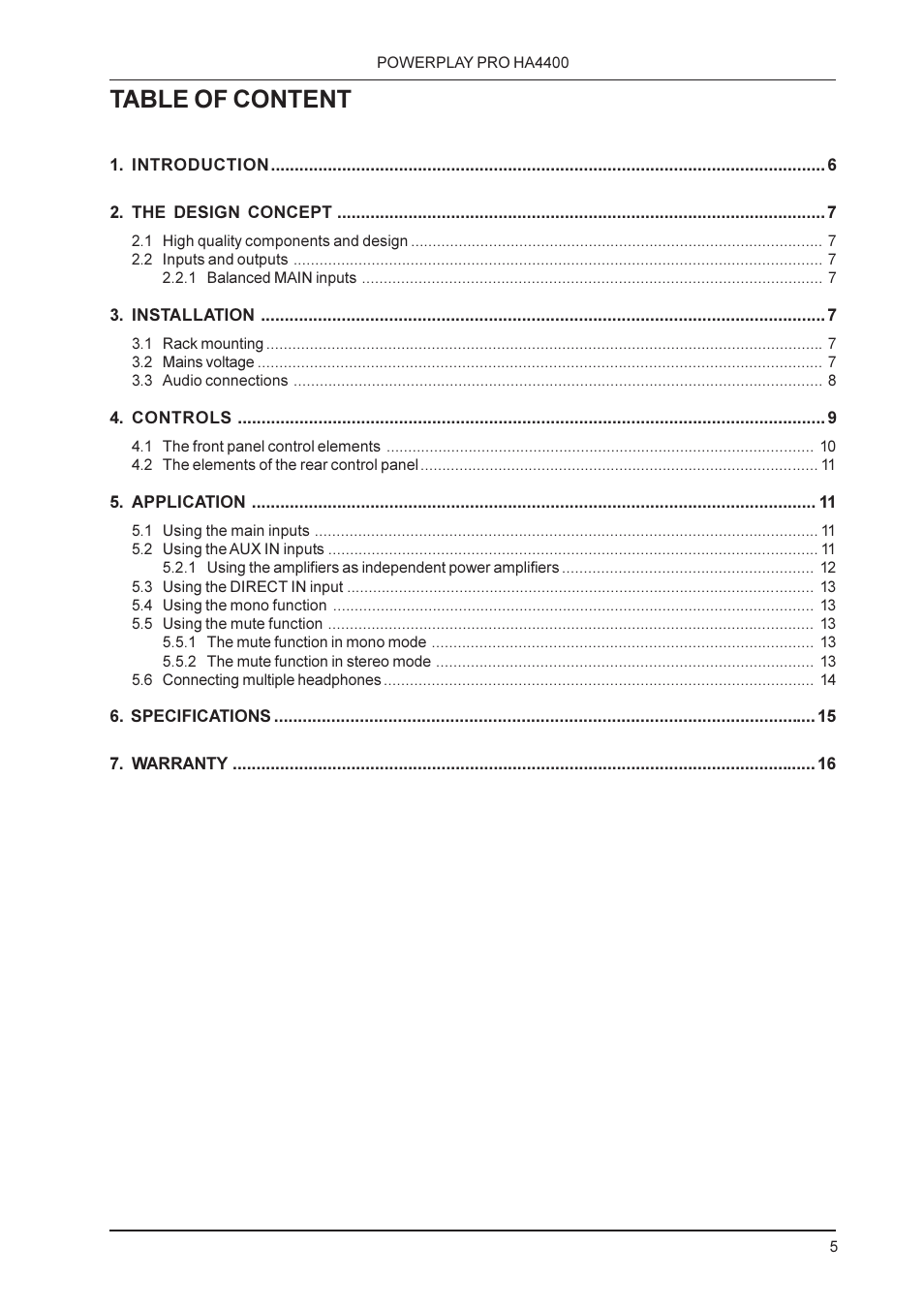 Table of content | Behringer HA4400 User Manual | Page 5 / 16