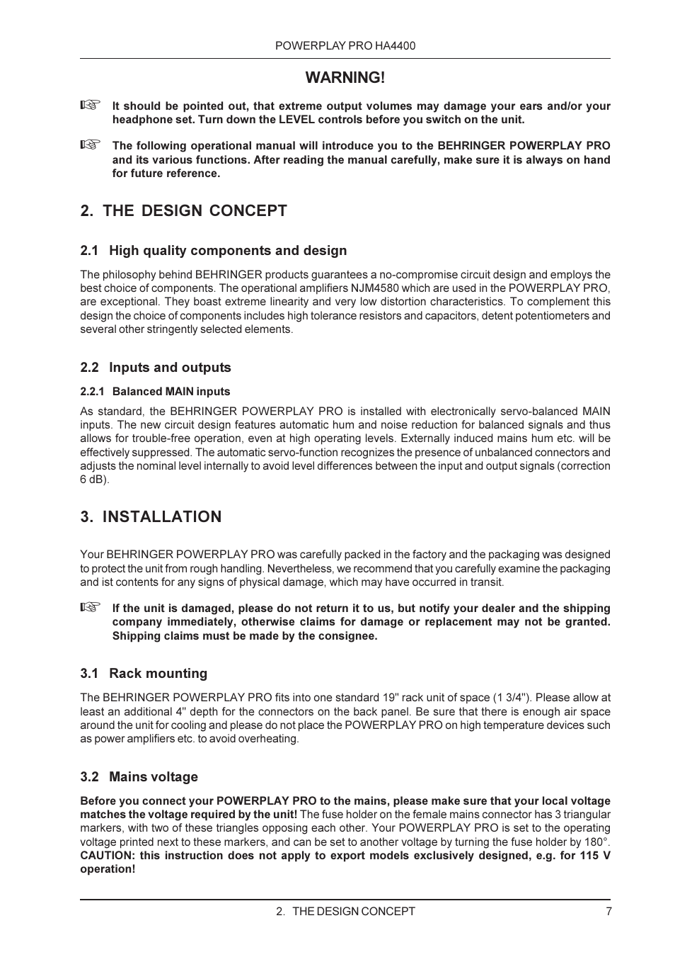 Warning, The design concept, Installation | Behringer HA4400 User Manual | Page 7 / 16