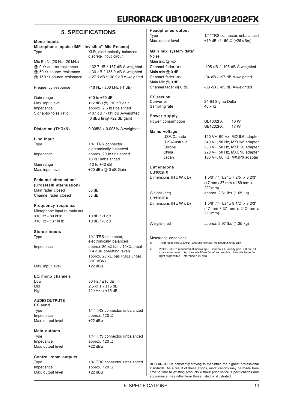 Eurorack, Specifications | Behringer 1002FX User Manual | Page 11 / 12