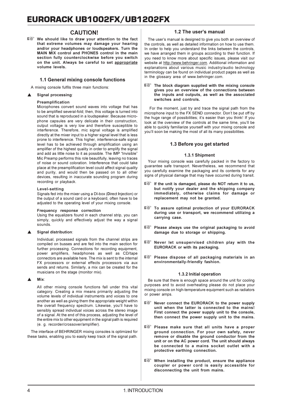 Caution | Behringer 1002FX User Manual | Page 4 / 12