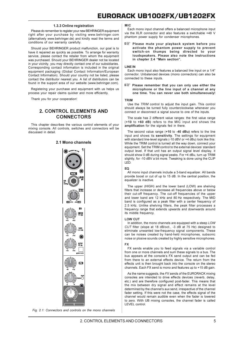 Eurorack, Control elements and connectors | Behringer 1002FX User Manual | Page 5 / 12