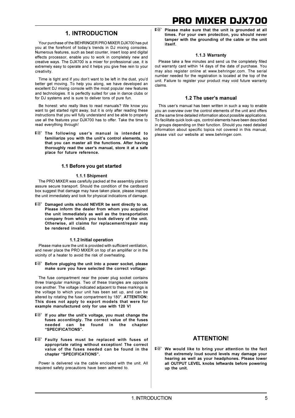 Pro mixer djx700, Introduction, Attention | Behringer DJX700 User Manual | Page 5 / 10