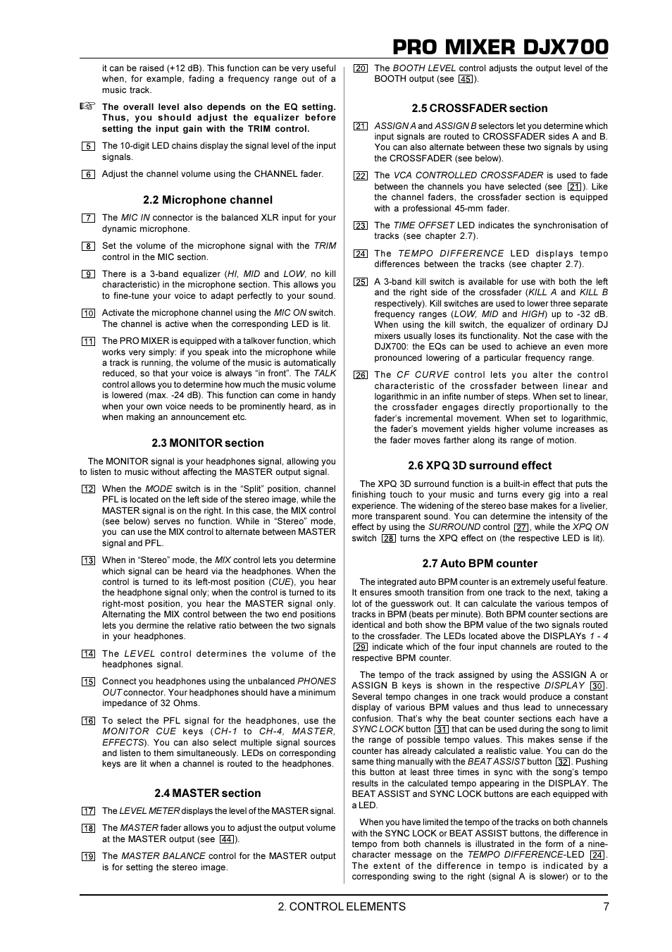 Pro mixer djx700, Control elements, 2 microphone channel | 6 xpq 3d surround effect, 7 auto bpm counter | Behringer DJX700 User Manual | Page 7 / 10