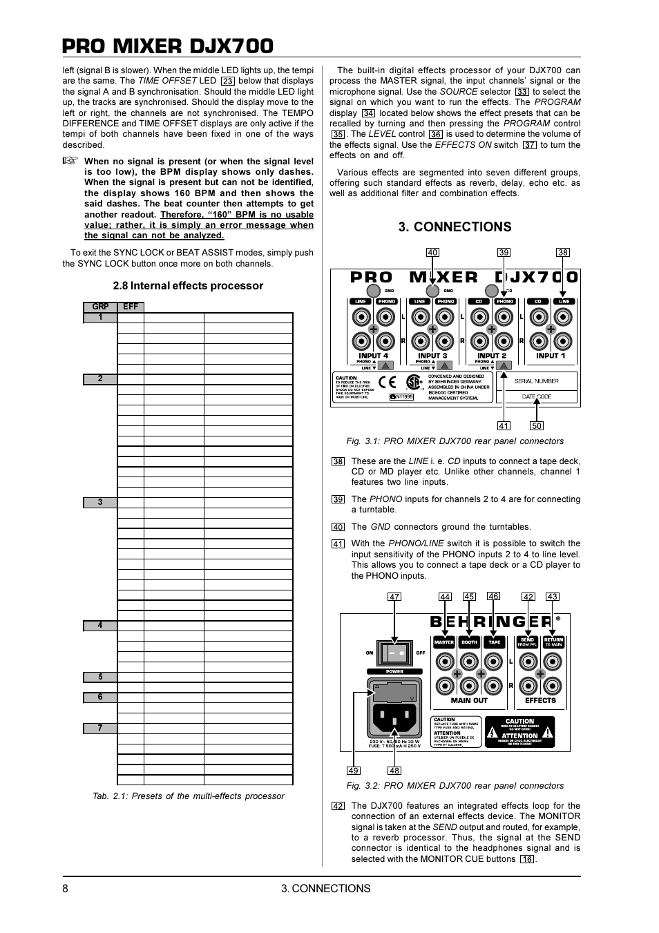 Pro mixer djx700, Connections, 8 internal effects processor | Behringer DJX700 User Manual | Page 8 / 10