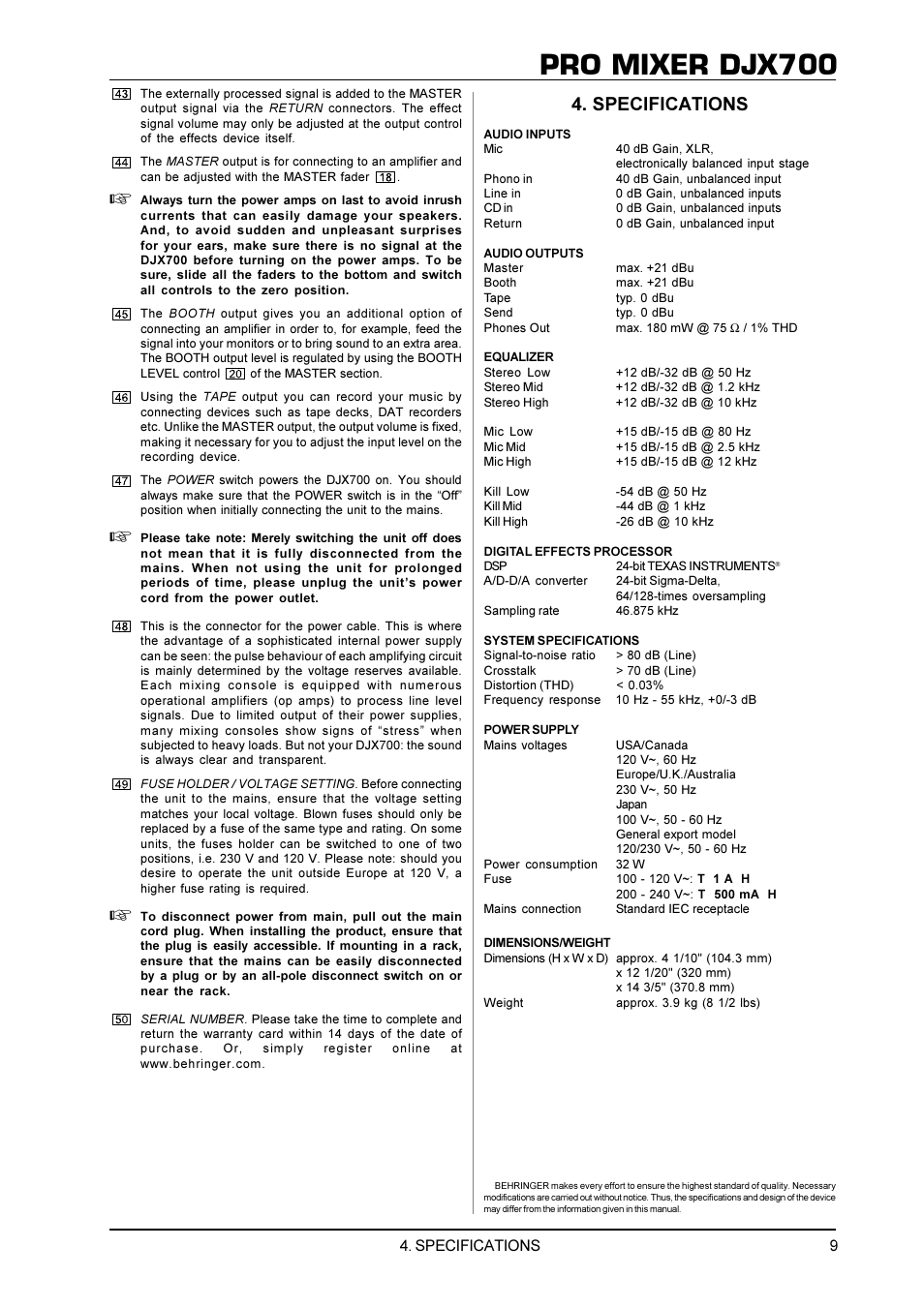 Pro mixer djx700, Specifications | Behringer DJX700 User Manual | Page 9 / 10