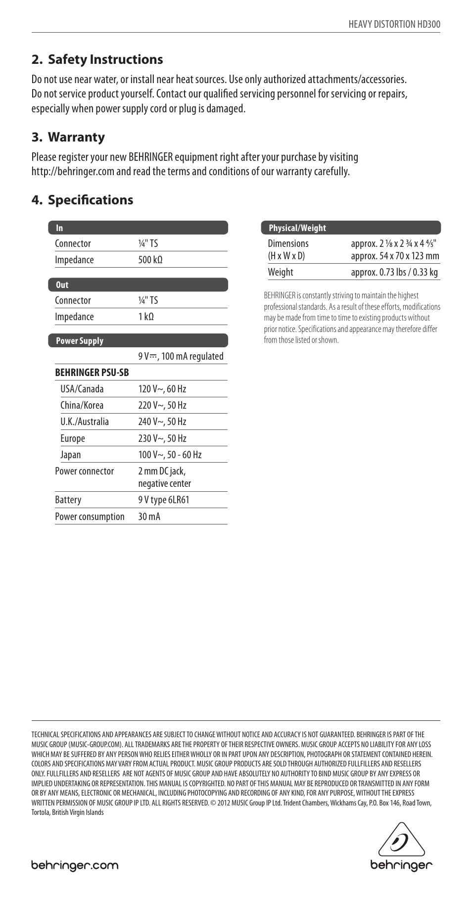 Safety instructions, Warranty, Specifications | Behringer Heavy Distortion HD300 User Manual | Page 2 / 2