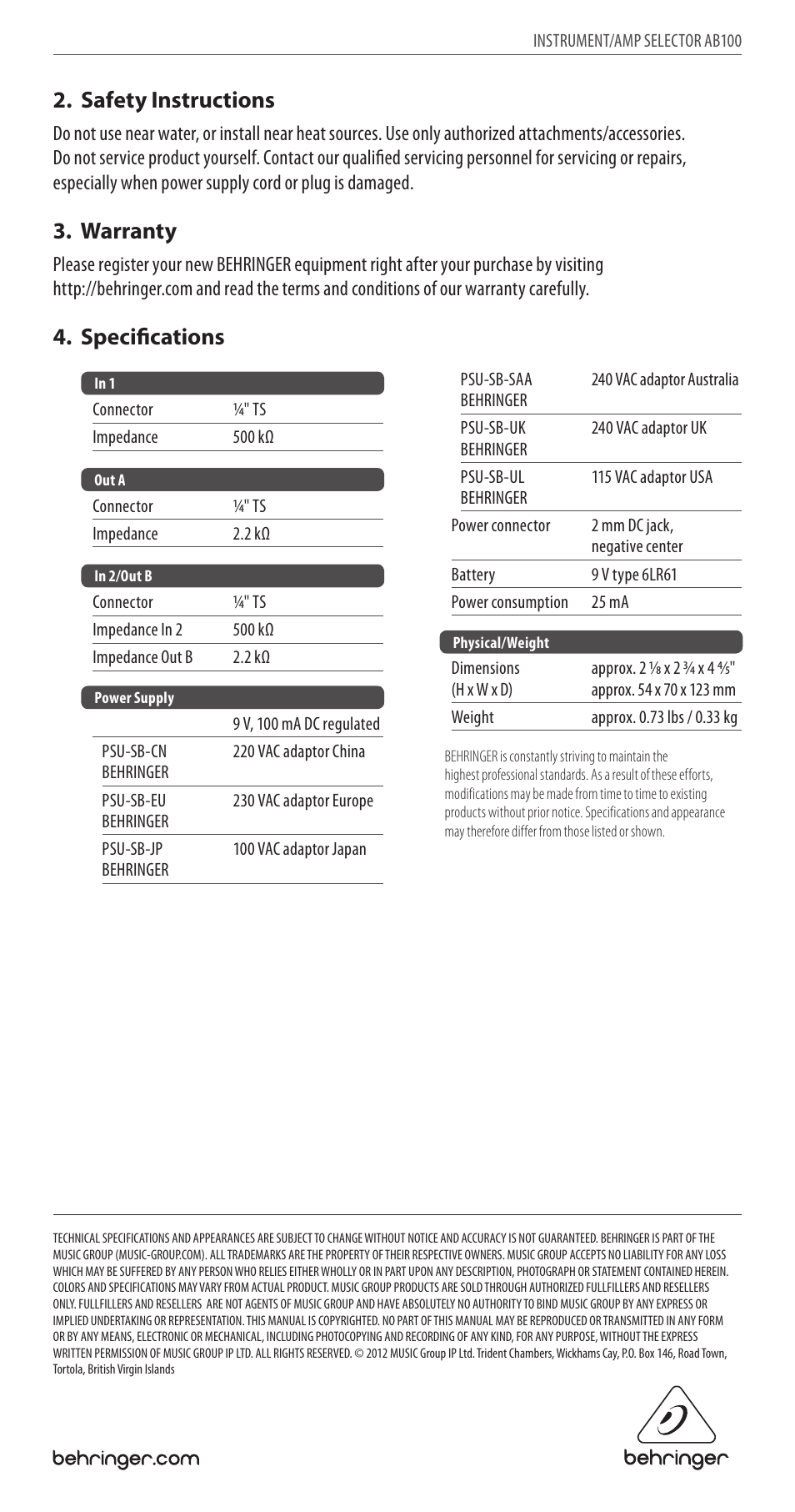 Safety instructions, Warranty, Specifications | Behringer Instrument / AMP Selector AB100 User Manual | Page 2 / 2