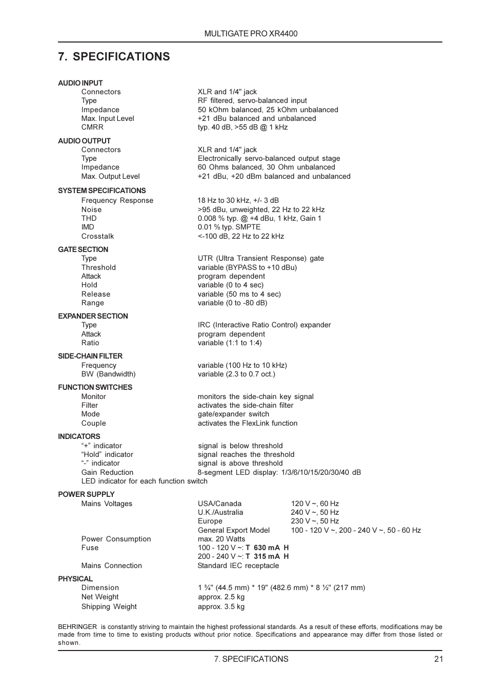 Specifications | Behringer XR4400 User Manual | Page 21 / 22