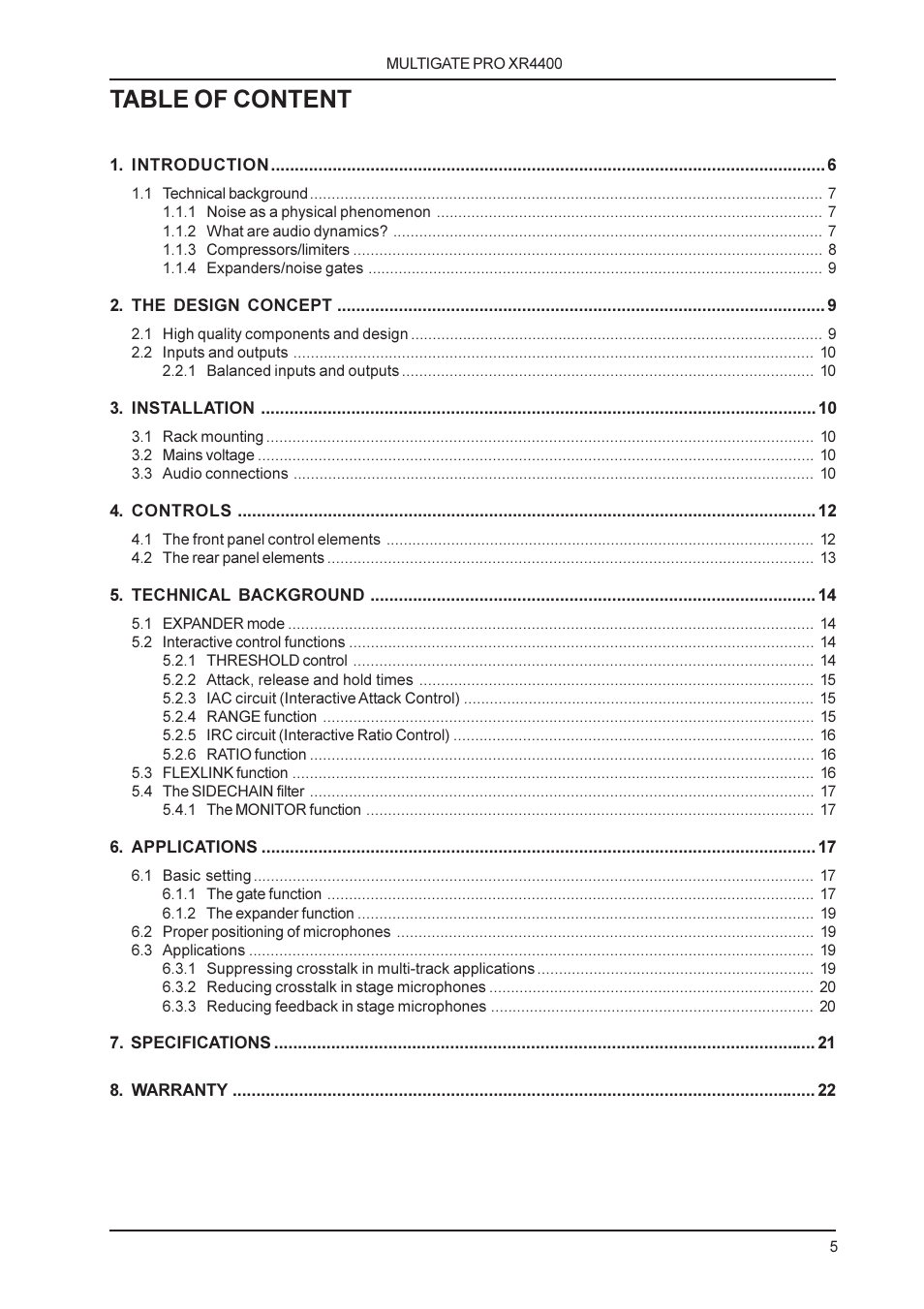 Table of content | Behringer XR4400 User Manual | Page 5 / 22