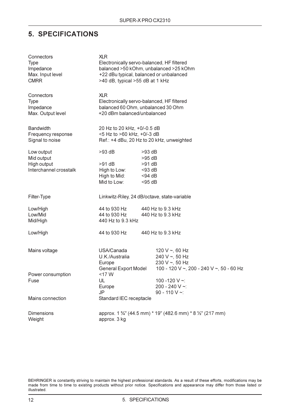 Specifications | Behringer CX2310 User Manual | Page 12 / 13