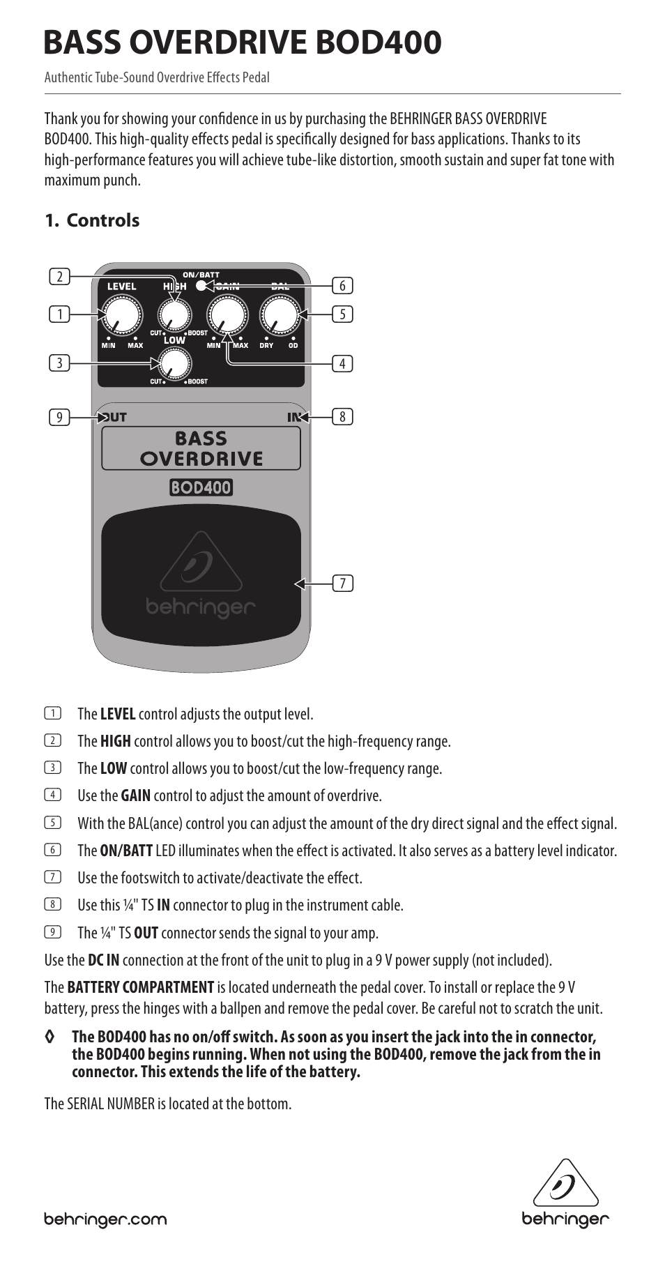 Behringer Bass Overdrive BOD400 User Manual | 2 pages