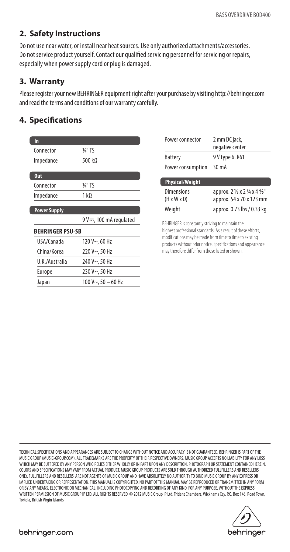 Safety instructions, Warranty, Specifications | Behringer Bass Overdrive BOD400 User Manual | Page 2 / 2